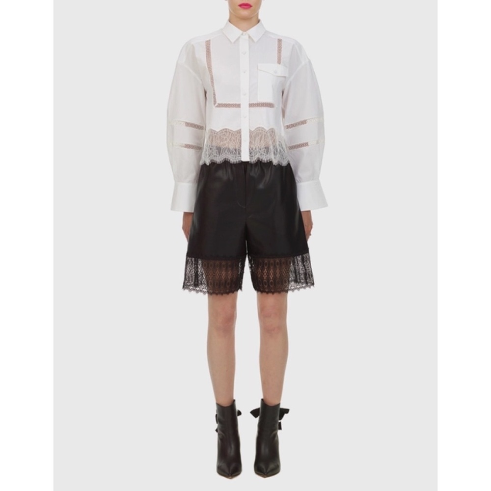 self-portrait Bermuda Faux Leather Lace Trim Shorts